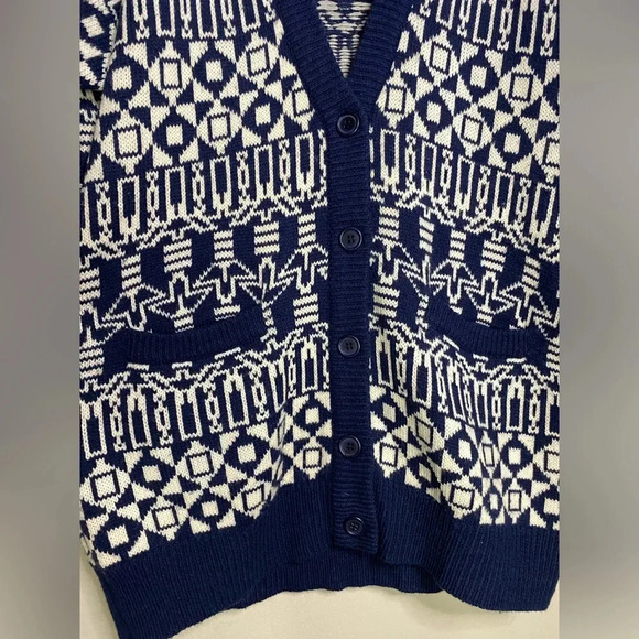 Vintage Navy Blue White Wool Blend Cardigan Sweater Size Large OUTLANDER - Picture 10 of 14
